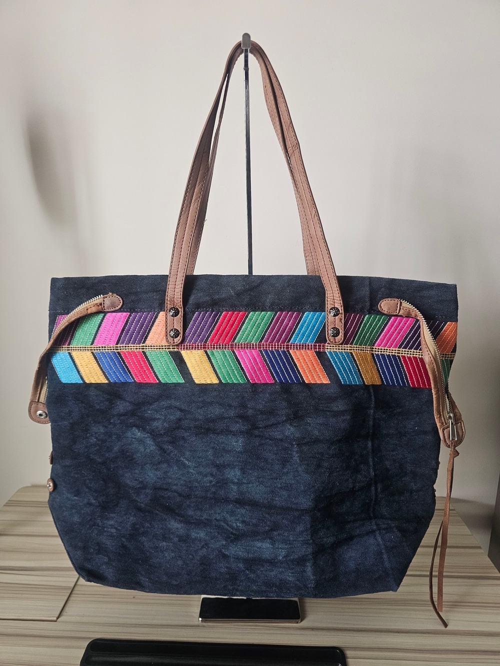 Lucky Brand Navy Canvas Large Tote with Multicolor Stripe Trim and Tan Handles - Picture 1 of 5